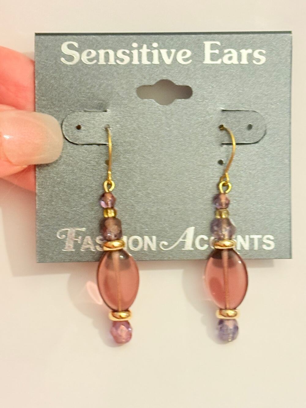 NWT Purple Glass Bead Dangle Earrings Gold Tone